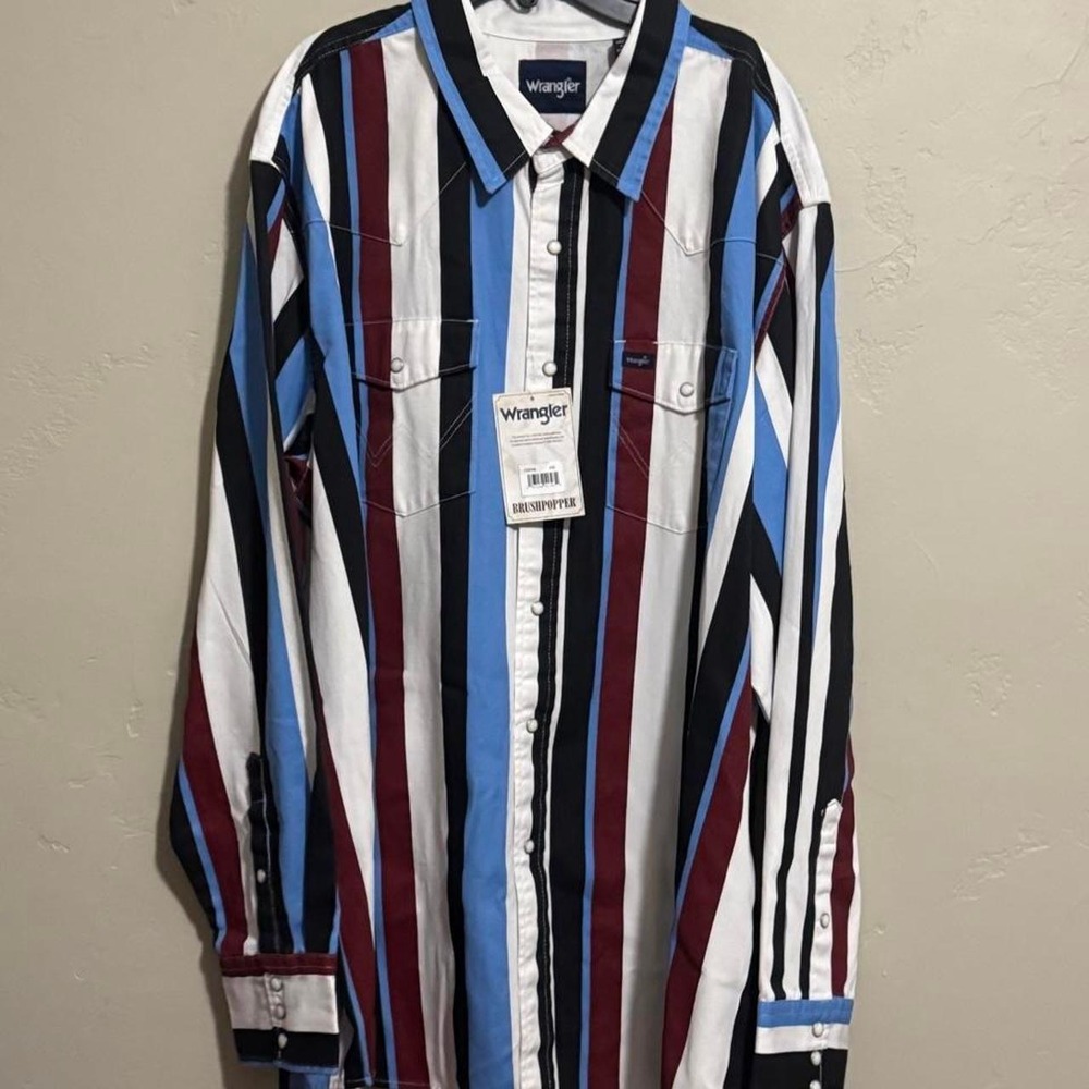 Wrangler Brushpopper Mens XXL Western Pearl Snap Stripe Shirt Navy Red 1123748